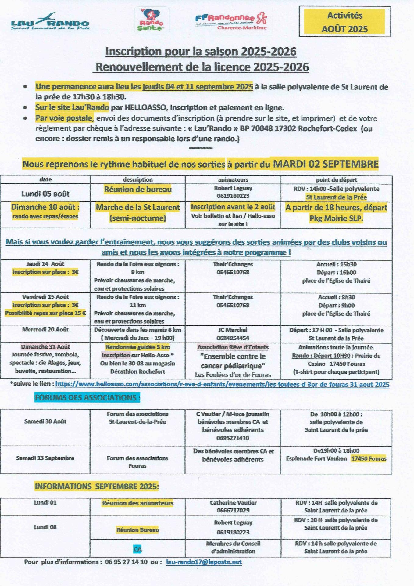 Activites aout 2025